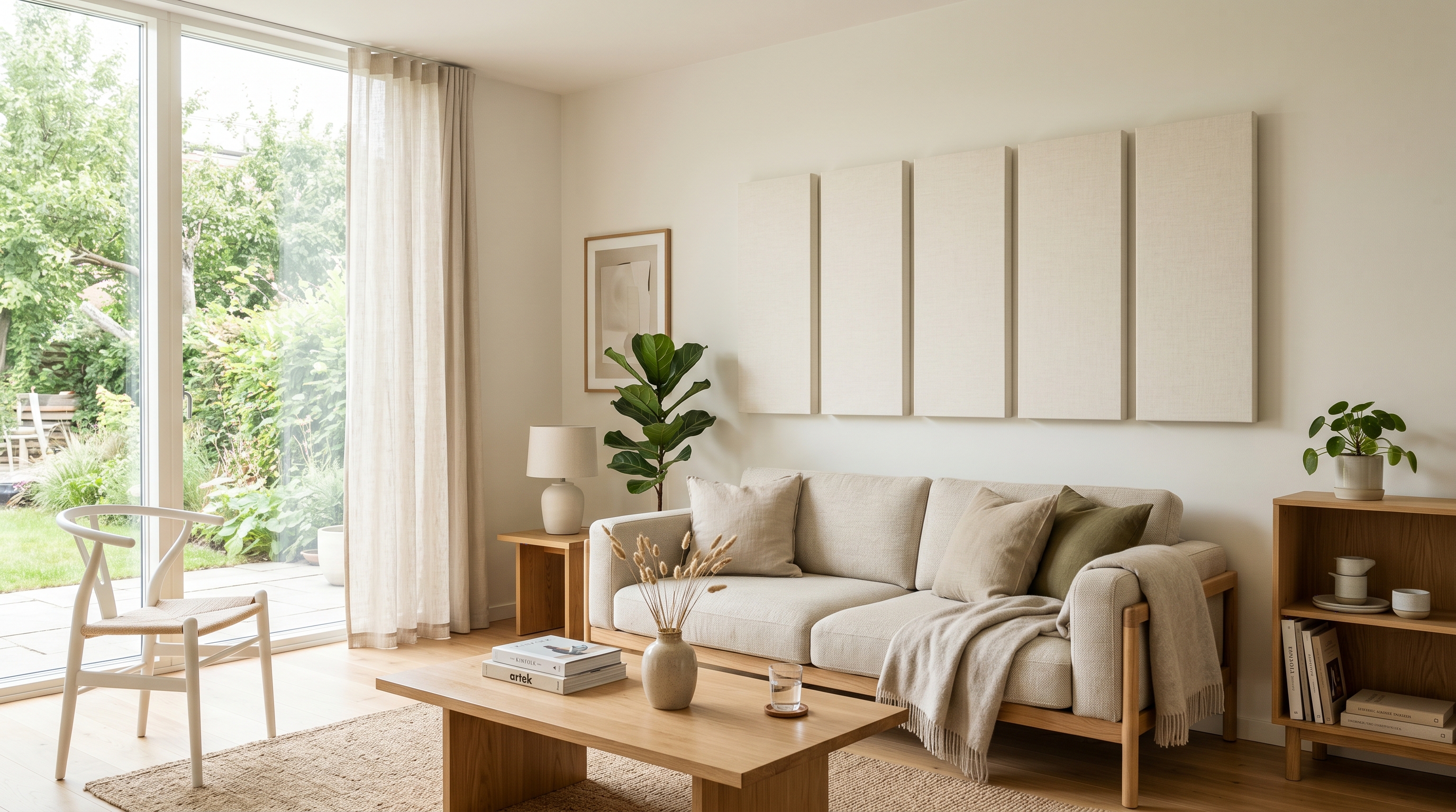 Contemporary living room with cream acoustic panels and Scandinavian interior design