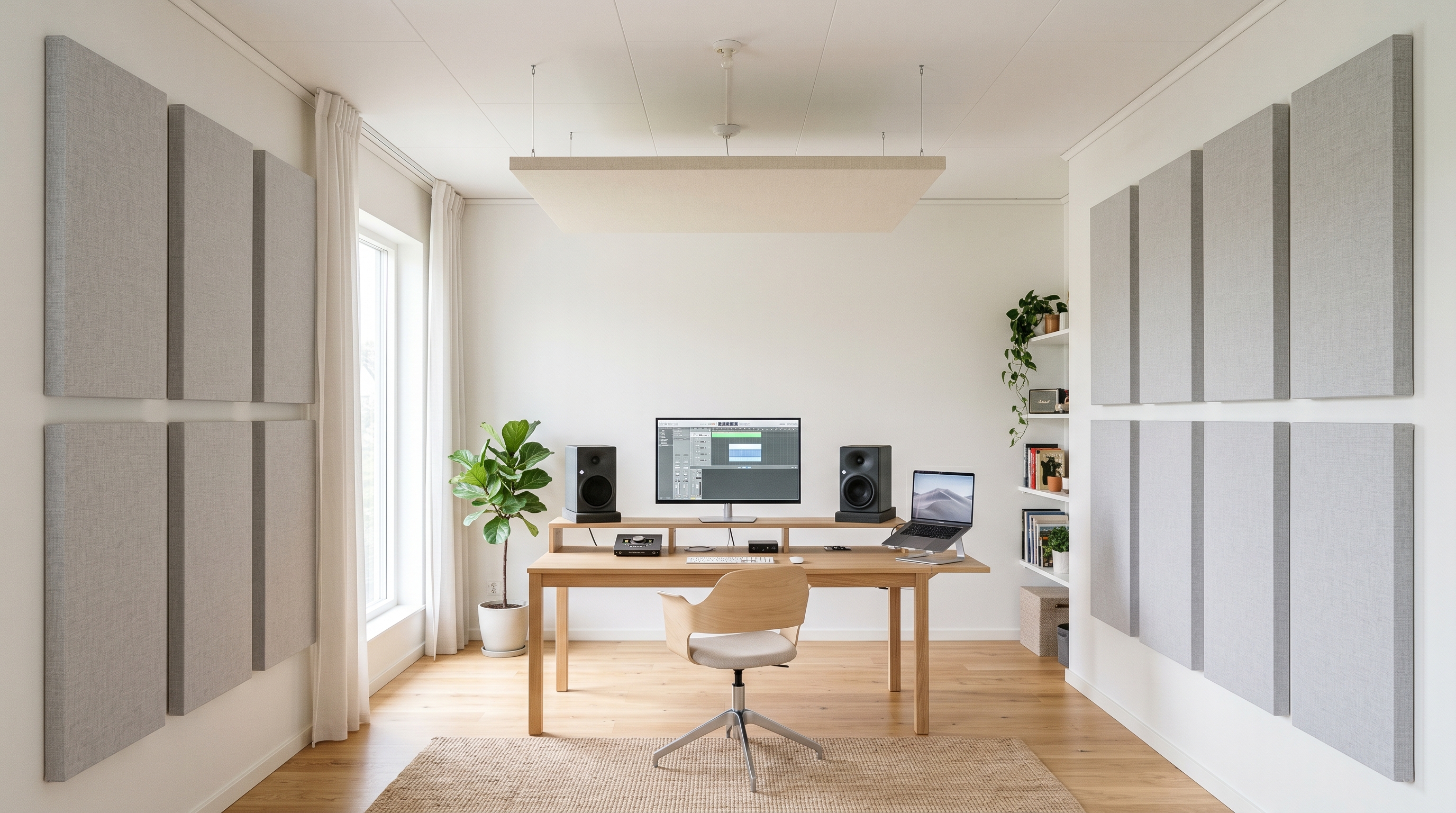 Bright home recording studio with light acoustic panels on walls and ceiling cloud