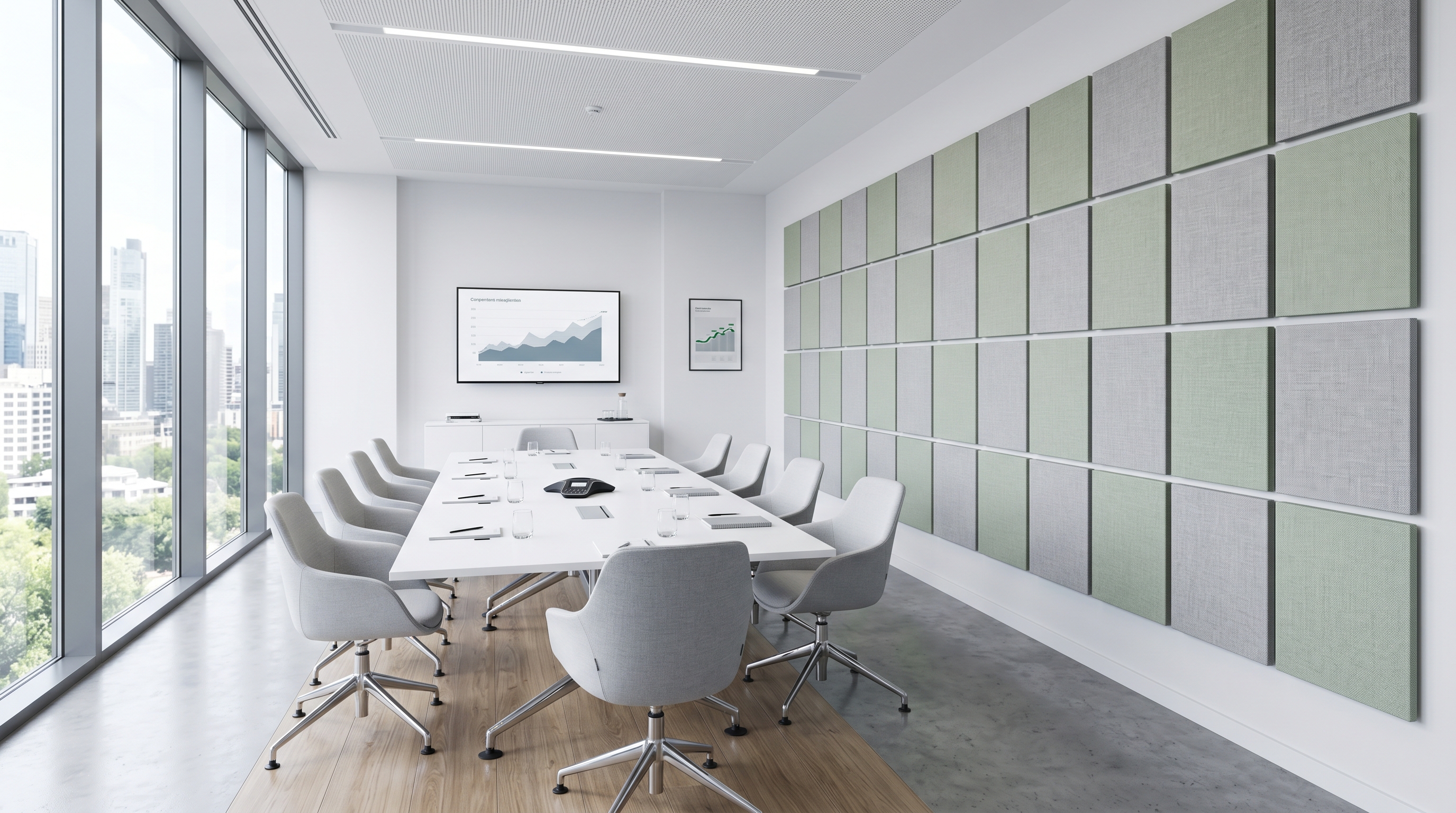 Contemporary corporate meeting room with pale sage acoustic panels improving speech clarity