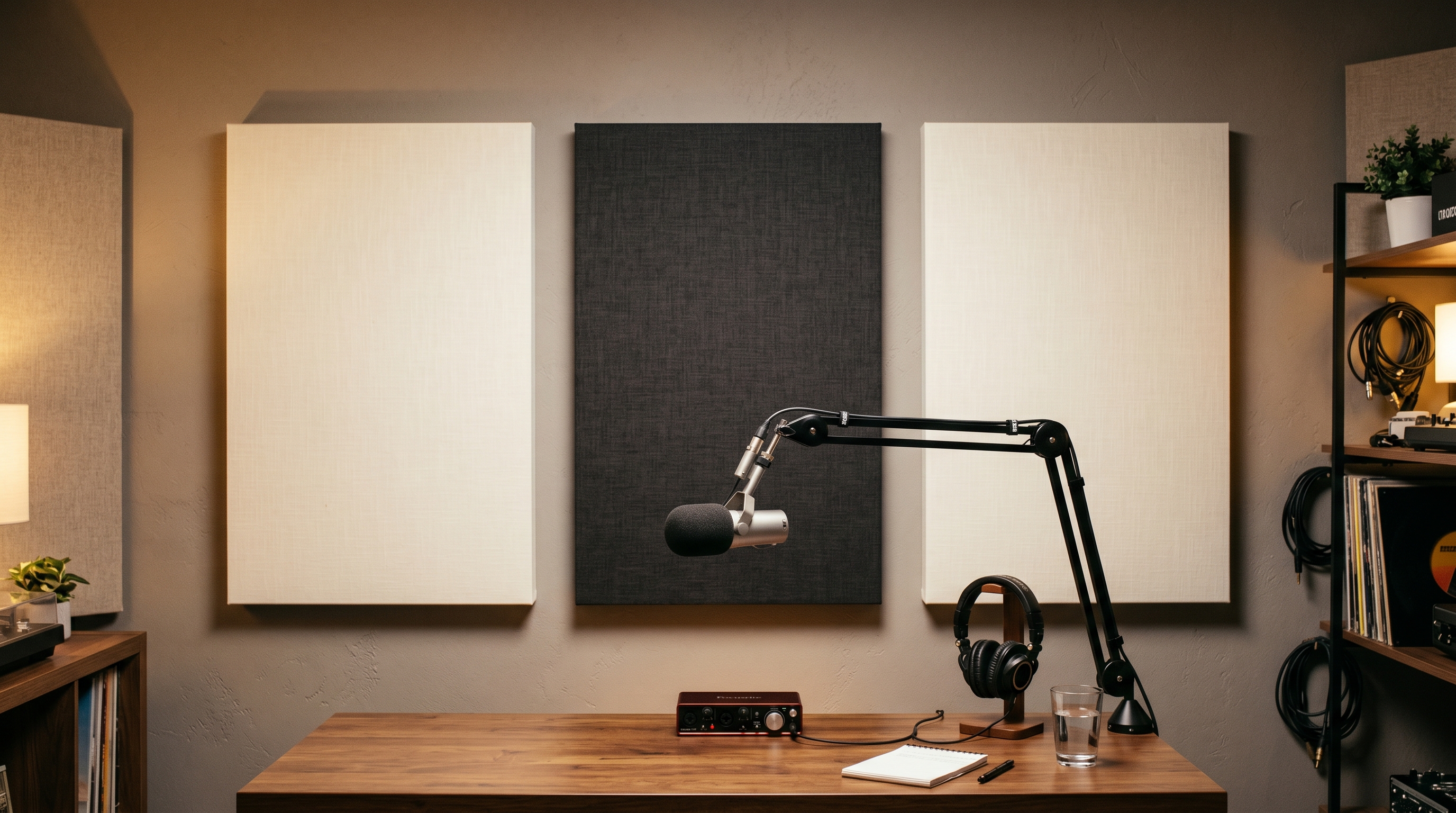 Small dedicated podcast studio with frameless linen acoustic panels and professional microphone