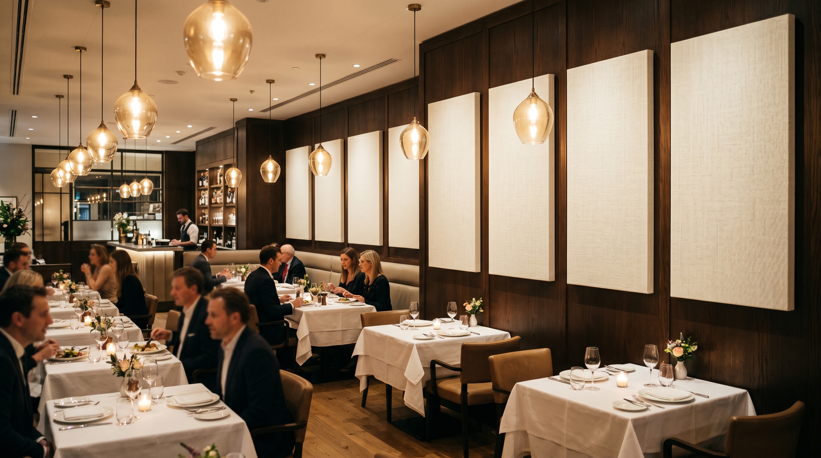 Stylish restaurant with cream fabric acoustic panels reducing noise for a calm dining atmosphere