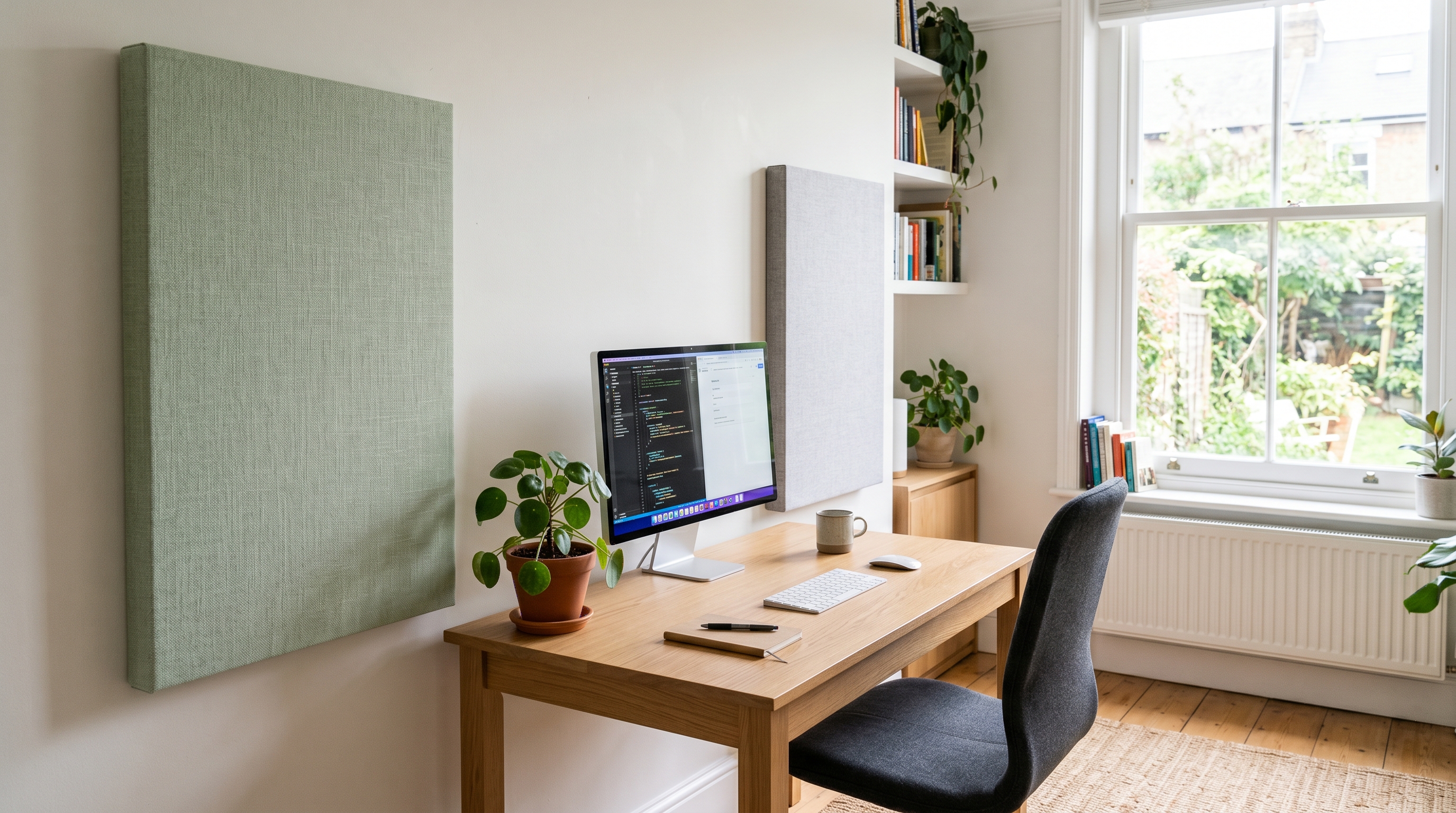 Small bright home office with pale sage and light grey frameless acoustic panels